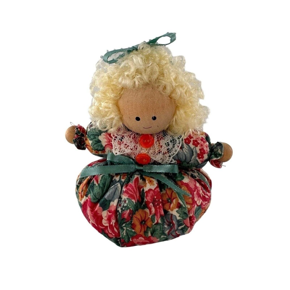 Handcrafted Rag Doll Wood Head Blonde‎ Curly Hair Floral Dress Lace Details 6"